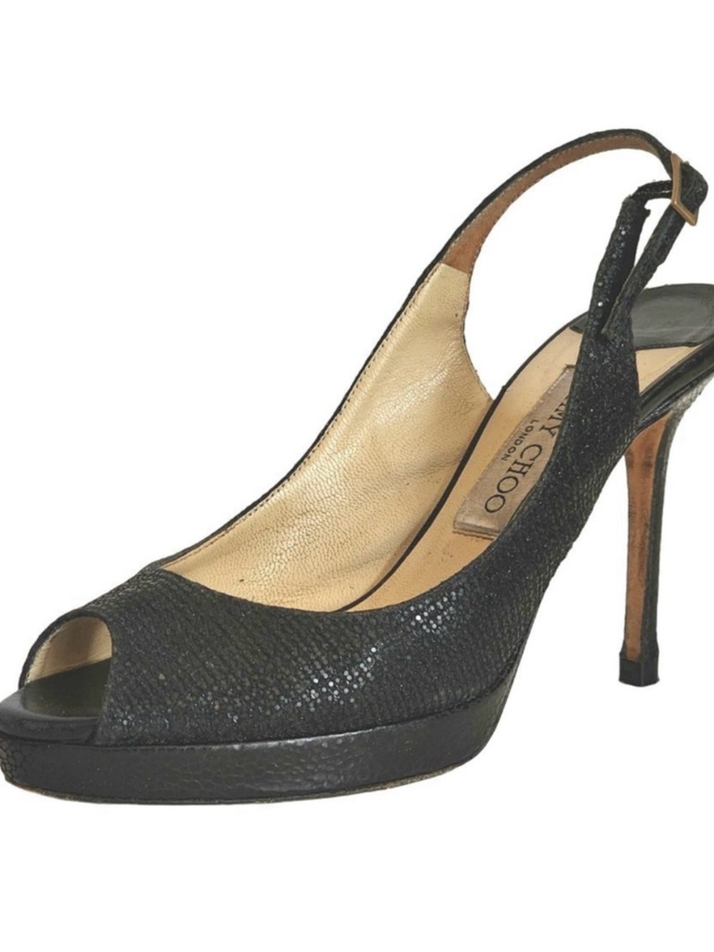 JIMMY CHOO Nova Black Glitter Peep Toe Slingback Sandals Heels US 9.5  IT39.5 - Picture 8 of 8
